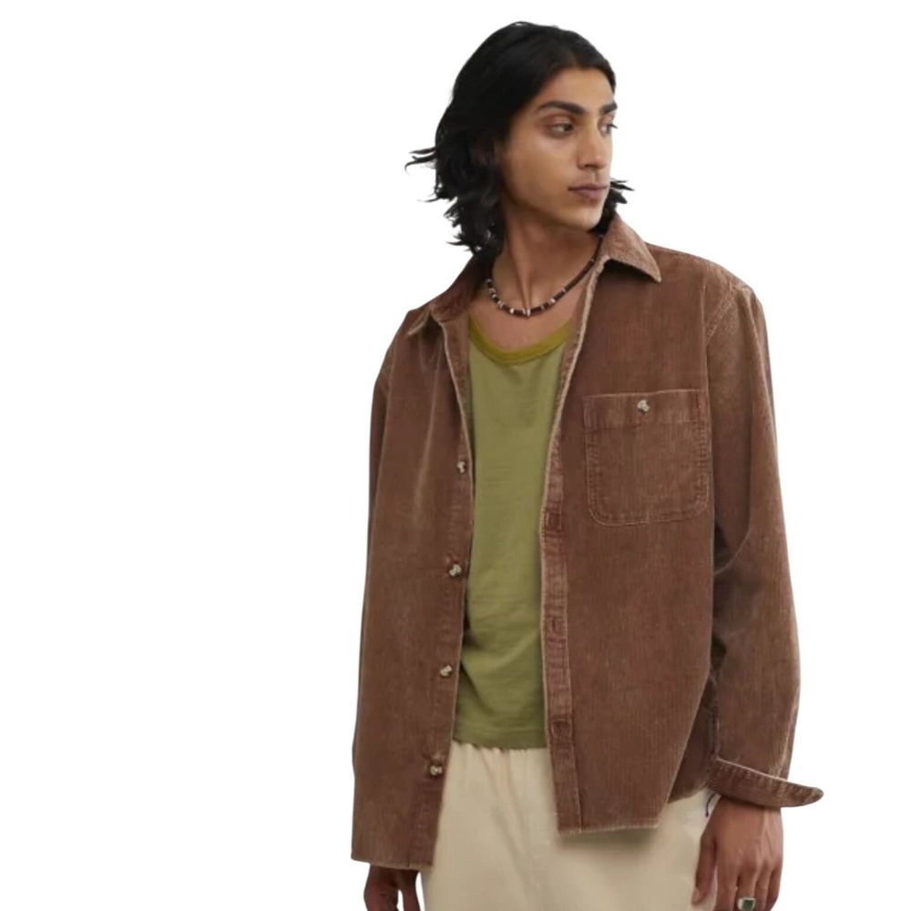 Urban Outfitters‎ Mens Y2K Brown Corduroy Shirt Size L Wide Wale Long Sleeve